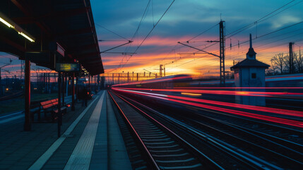 Railway station platform at night and sunset