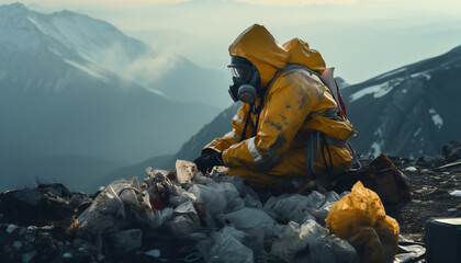 Recreation of people with gloves, protective clothing and gas mask, in a garbage dump - obrazy, fototapety, plakaty