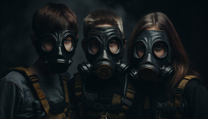 Recreation of boys with survival gas masks