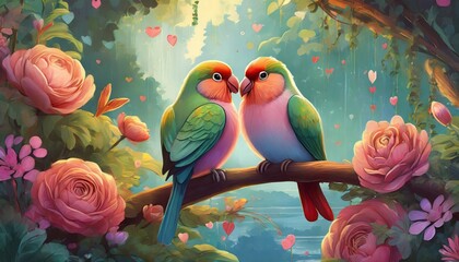 Two cute parrots sitting on branch. Colorful birds. Floral background. - obrazy, fototapety, plakaty