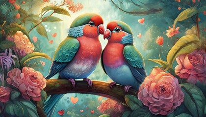 Two cute parrots sitting on branch. Colorful birds. Floral background.