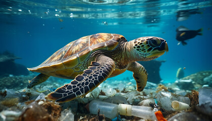 Recreation of a turtle swimming between garbage and plastic waste