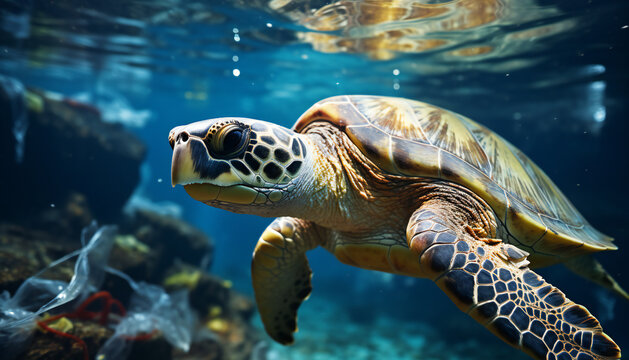 Recreation of a turtle underwater between garbage