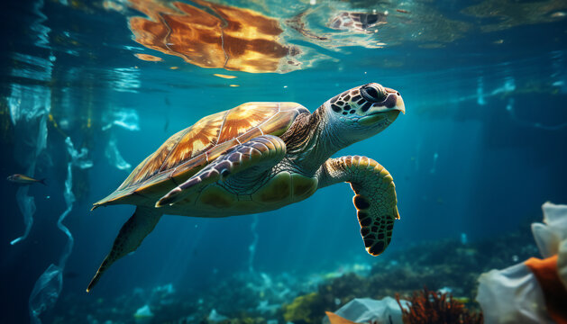 Recreation of a turtle underwater between plastic waste and garbage