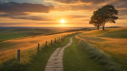 Naklejka na ściany i meble Golden hour sunset illuminates a serene path through rolling green hills. Ideal for tranquil nature themes, wall art, or backgrounds. High-quality landscape photo