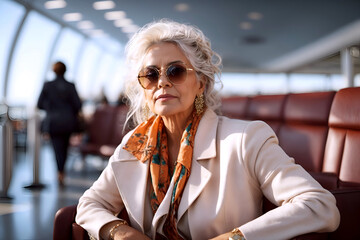 Portrait of fashionable senior businesswoman in sunglasses sitting in airport waiting room, stylish mature, elderly woman in aeroport terminal before flight. Retired traveler leading active lifestyle.
