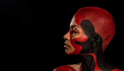 The Art Face. How To Make A Mixtape Cover Design - Download High Resolution picture with black and red body paint on african woman for your music song. Create album template with creative Image. - 730208390
