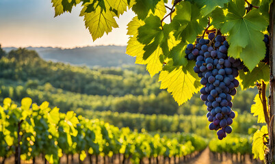 Sunny vineyard with clusters of ripe grapes in focus