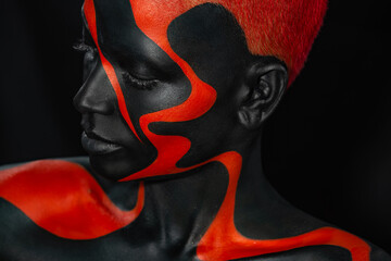 The Art Face. How To Make A Mixtape Cover Design - Download High Resolution picture with black and red body paint on african woman for your music song. Create album template with creative Image. - 730208758