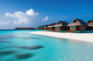Overwater bungalow in the middle of the ocean, Sea villa on the islands for relaxation. - obrazy, fototapety, plakaty