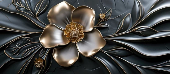 Foto auf Acrylglas Print 3D ceramic tiles with a beautiful Italian-style golden flower design for wall decor. © 2rogan
