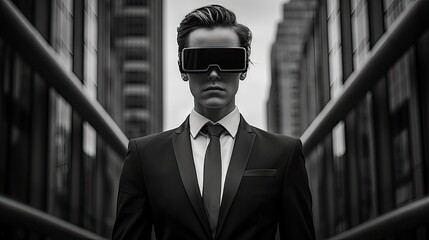 businessman in the city. virtual reality. black and white. Generative AI - obrazy, fototapety, plakaty