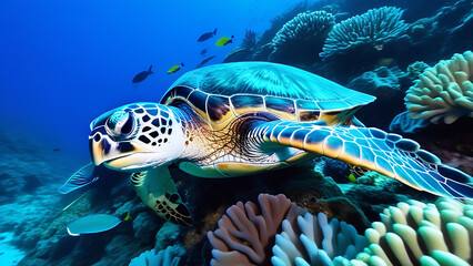 Obraz premium A large sea turtle swims among the corals, Large colored turtle,