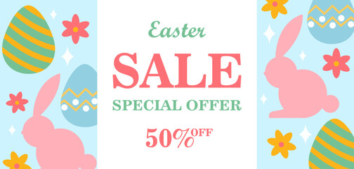 Easter Sale Banner. Easter Card with Flat Eggs, Rabbits and Flowers. Vector Illustration.