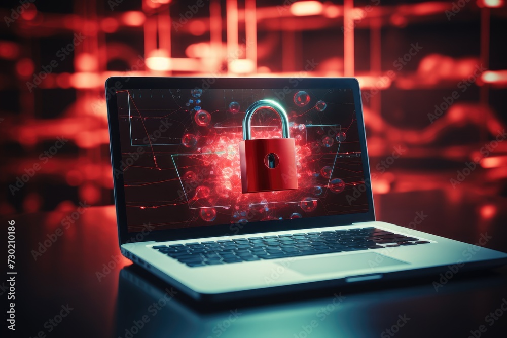Wall mural cybersecurity. lock on a desk displaying on laptop. cyber attack on computer network, virus, spyware