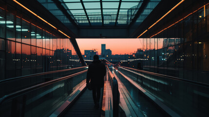 Pedestrians using the escelator at airport bridge towards city skyline at dusk