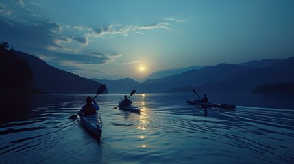 Group of People in Canoes Paddling on a Lake