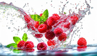 Raspberry splash with water drops and fresh berries 