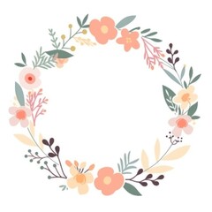 Floral Wreath With Leaves and Flowers on White Background