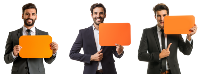 elegant business man holding blank orange board for advertise text isolated on transparent background