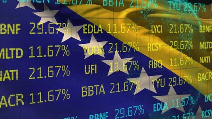 Animation of stock market and globe over flag of bosnia and herzegovina - Powered by Adobe