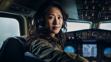 Asian woman pilot in the airplane cockpit - obrazy, fototapety, plakaty