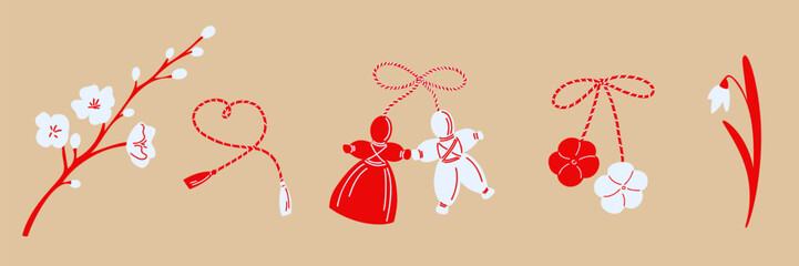 Martisor Themed Illustrations Collection symbols on beige celebrating the spring festival
