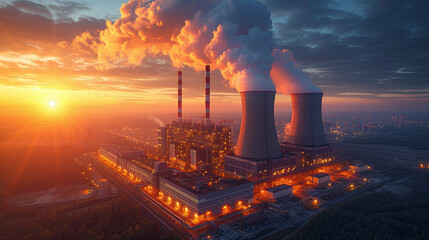 Nuclear power plant with large cooling towers, near the river. Industrial factory, smoke from the chimney