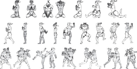 Hand drawn Thai martial arts and Muay thai boran. Vector Sketch Thai Boxers Fighting. Muay thai ancient. 
Boxing fighters figures on white background. Vector icon Set. Text. Tiger King.