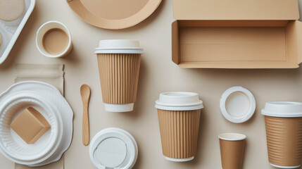 An assortment of biodegradable tableware items, including cups, plates, and utensils, arranged neatly on a neutral-toned surface. top view flat lay. Environmental conservation sustainable lifestyle.
