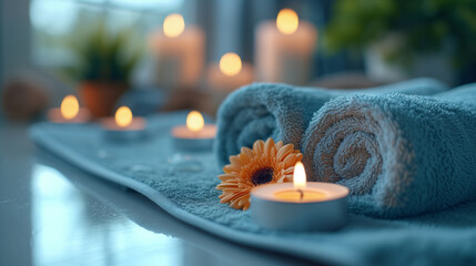 Towel candles and flowers in the spa, relaxing body and soul