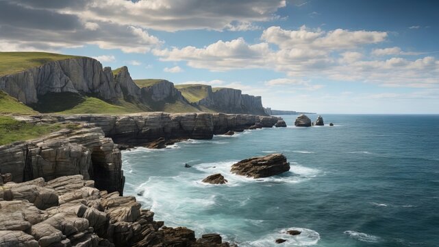 Sea cliffs with rocky formations, ideal for travel and nature themes. High-quality landscape photography: rugged cliffs, calm ocean, soft sunlight