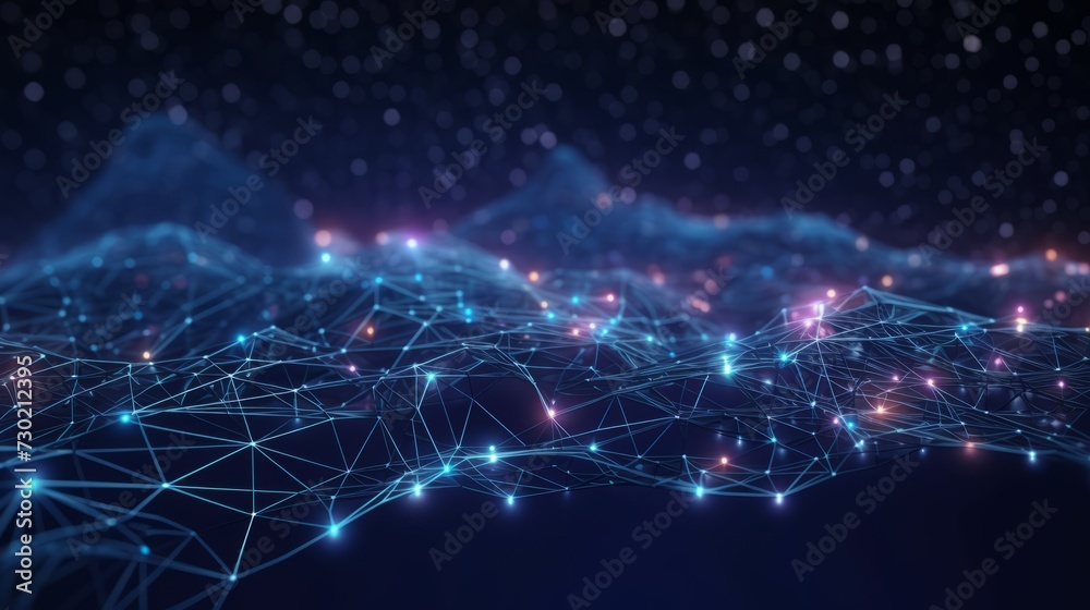 Poster interconnected cyber big data flow with blockchain fields: network lines representing ai technology,