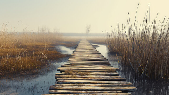 Marshland Serenity: Ancient Boardwalk. Generative AI