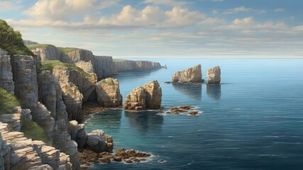 Sea cliffs with rocky formations, ideal for travel and nature themes. High-quality landscape...