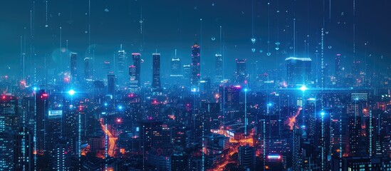 Obraz premium Smart night city with advanced infrastructure and big data displayed on a 3D-rendered banner.