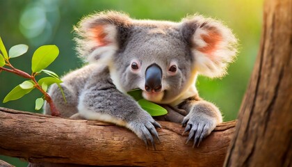 Funny little koala lying down on branch. Wild animal.