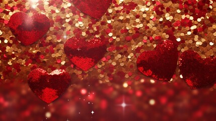 Festive sparkling background for Valentine's Day with red and gold sequins and hearts. Banner