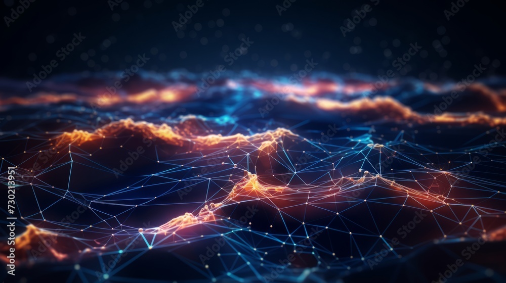 Poster interconnected cyber big data flow with blockchain fields: network lines representing ai technology,