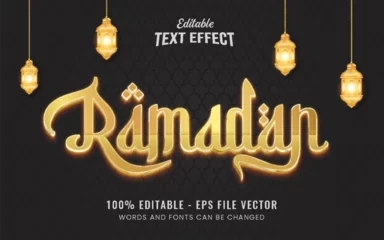 Foto op Plexiglas golden luxury ramadan text effect with decorative ornament pattern and lanterns Premium Vector   © faisal