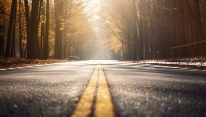 Newly Laid Asphalt Road, Glistening Under the Sunlight, Representing a Fresh Start and Smooth Travel Ahead