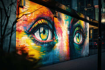 Graffiti image of female beautiful eyes gazing right at pedestrians walking by in urban alley setting
