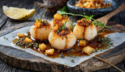 Tawa Scallops pan seared king scallops marinated with tamarind chutney and secret spice mix served along with roasted local pineapple relish - obrazy, fototapety, plakaty