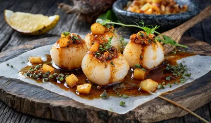 Fototapeten Tawa Scallops pan seared king scallops marinated with tamarind chutney and secret spice mix served along with roasted local pineapple relish © Sunisadonphimai