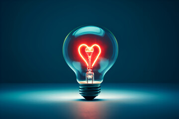 Lighting bulb lamp with red heart shape on blue dark background
