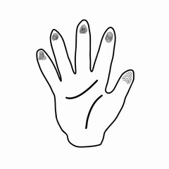 Vector illustration of hands with various fingerprints, hand symbols, Cartoon doodle line art hand drawn isolated on white background.