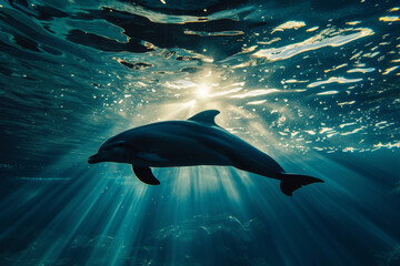 Underwater shot of dolphin swimming in the  with backlight - obrazy, fototapety, plakaty