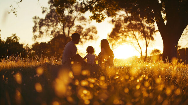 Happy family picknicking in nature park at sunset in beautiful lighting