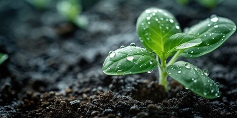 Seedling with drops of water. Environmental Sustainability concept.