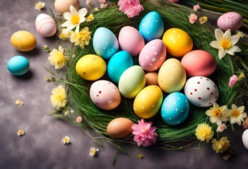 Fototapeta na wymiar Multi-color eggs, Colorful Eggs for Easter in Green Nest with many flowers in the background, Happy Easter Bunny